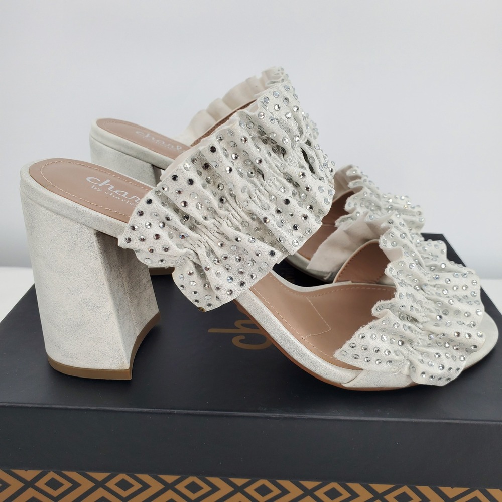 Charles by Charles David Royals White Rhinestone Ruffle Block Heel Mules 9.5M